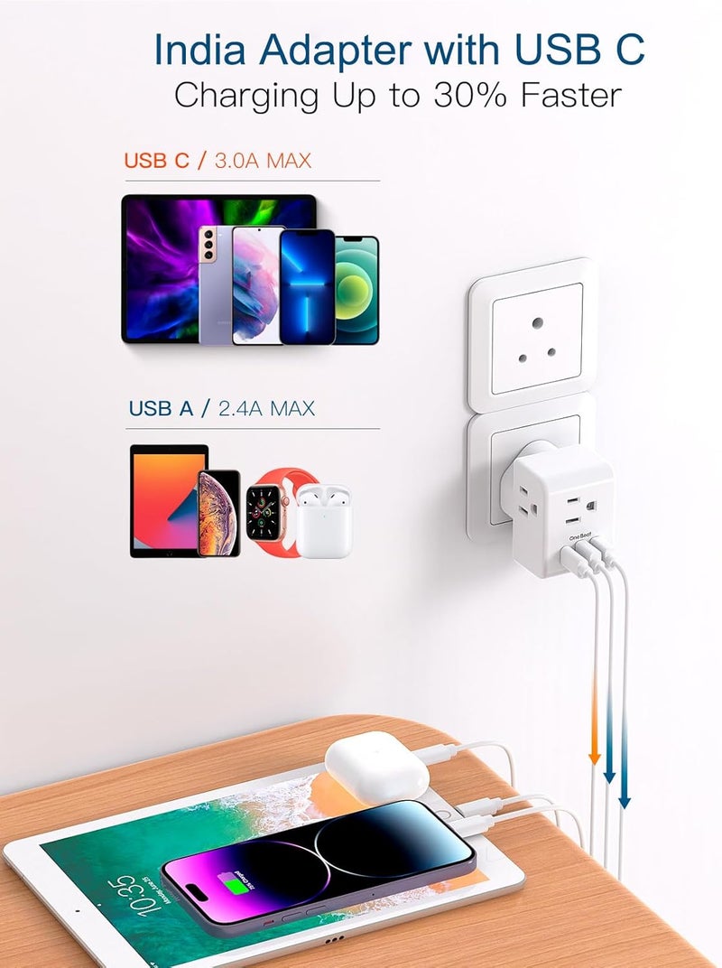 One Beat 2 Pack India Power Adapter, Type D Plug Adapter with 3 American Outlets 3 USB Ports(1USB C), 6 in 1 India Travel Plug Adapter for US to India, Bangladesh, Kuwait, Maldives - Image 4